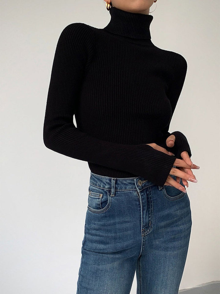 Dames Geribbelde Coltrui Lichtgewicht Lente Sweater - Black