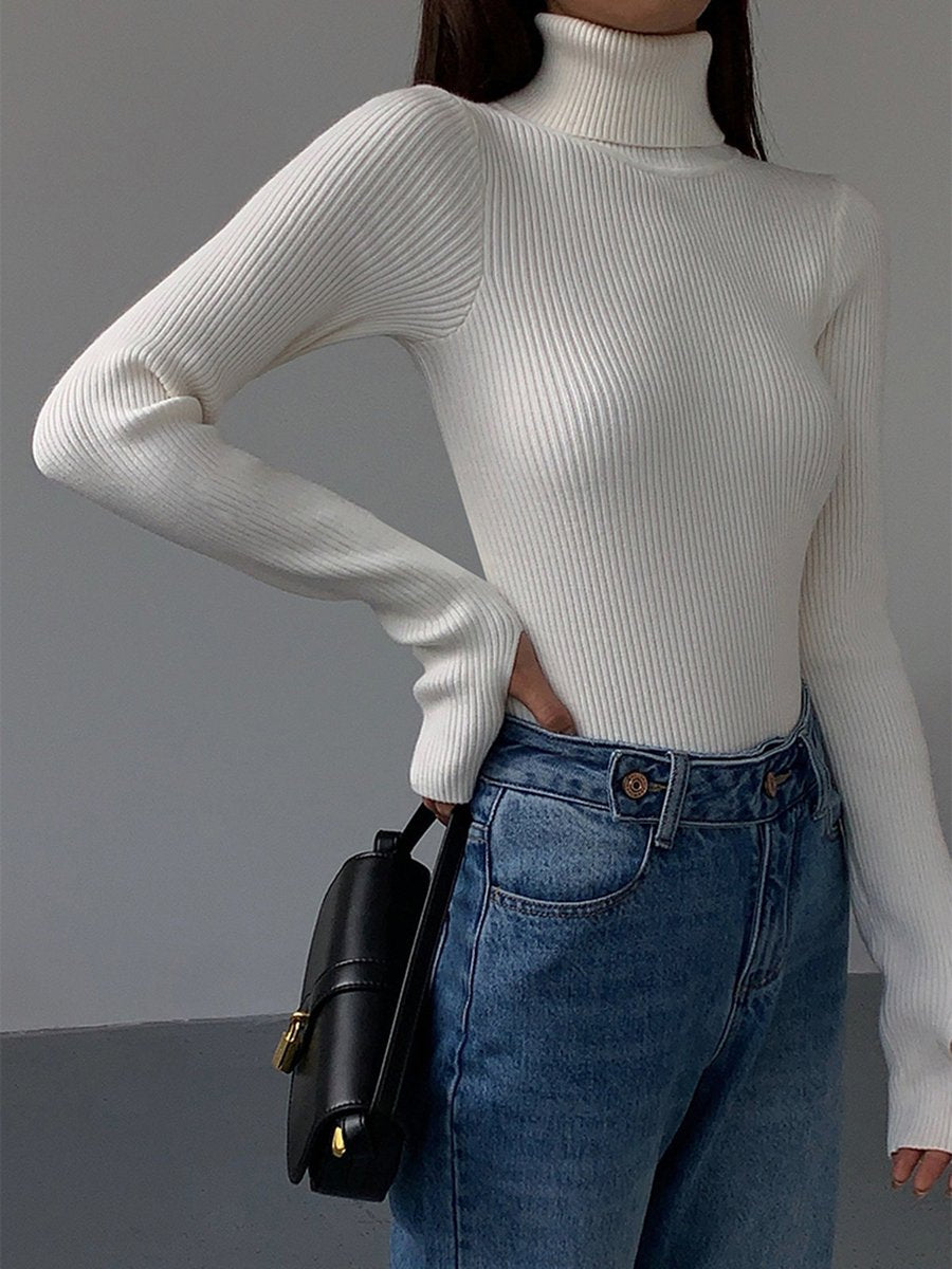 Dames Geribbelde Coltrui Lichtgewicht Lente Sweater - White