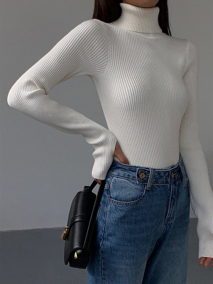 Dames Geribbelde Coltrui Lichtgewicht Lente Sweater - White