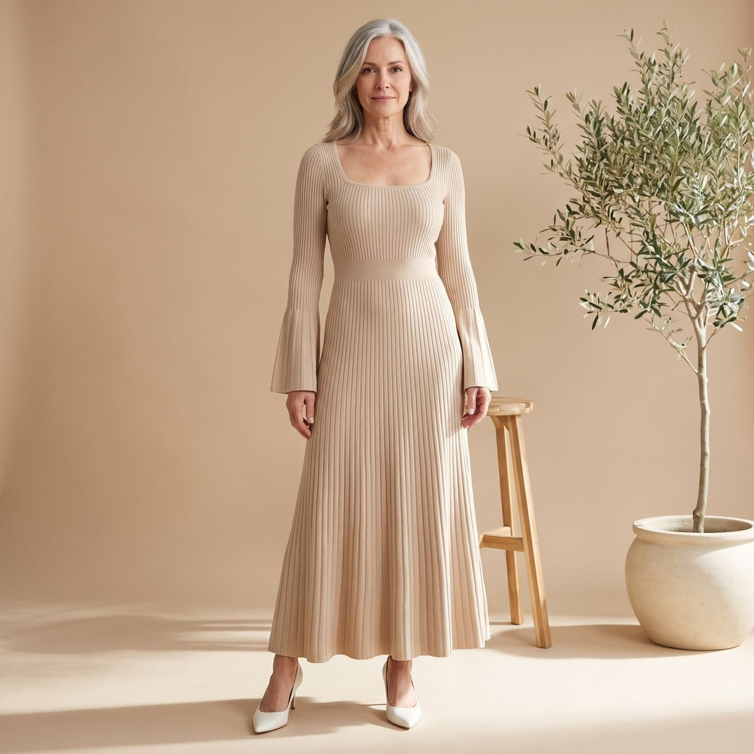 Dames Geribbelde Feestjurk Lange Mouwen Maxi - Beige