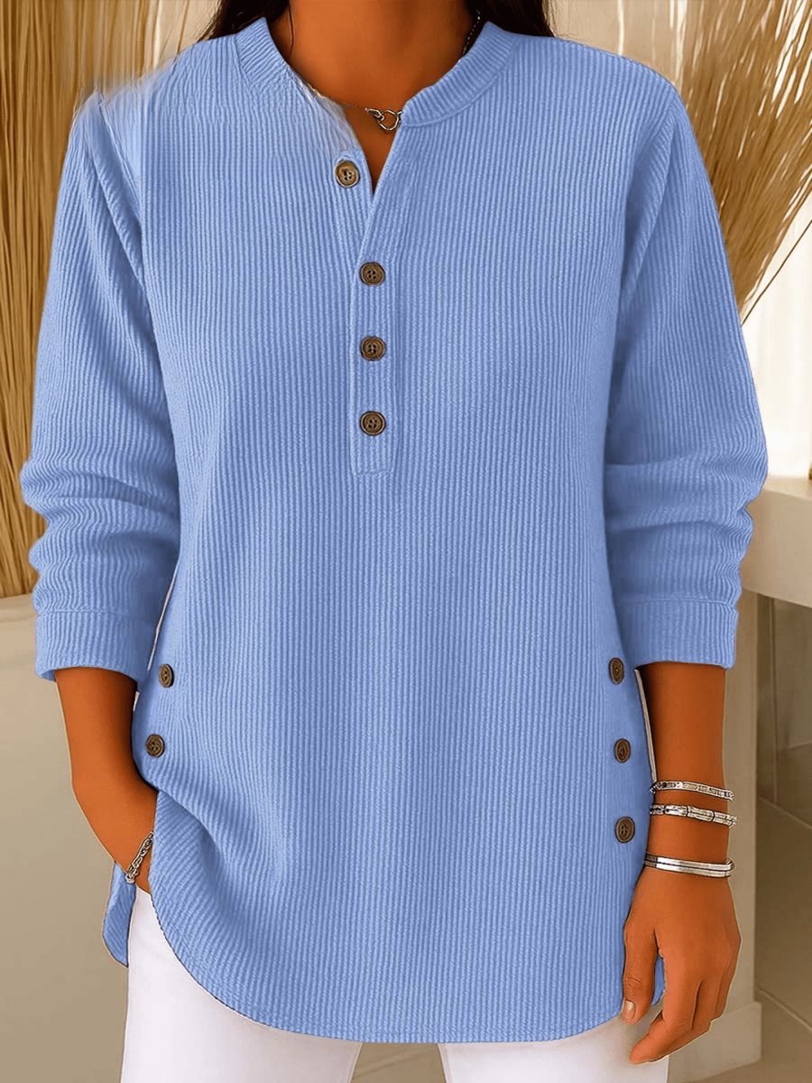 Dames Geribbelde Longline Henley Tunic met Zijknopen - Blue