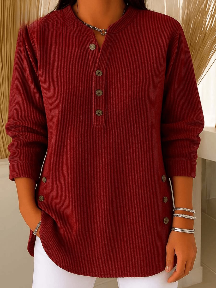 Dames Geribbelde Longline Henley Tunic met Zijknopen - Burgundy