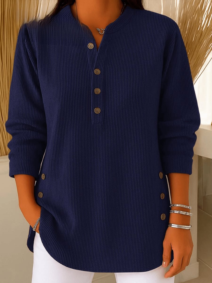Dames Geribbelde Longline Henley Tunic met Zijknopen - Navy Blue