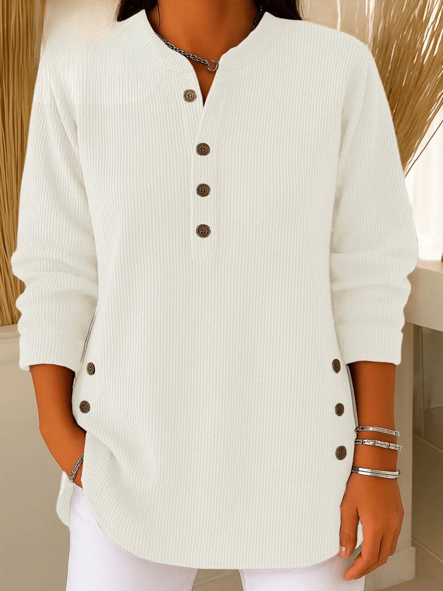 Dames Geribbelde Longline Henley Tunic met Zijknopen - White