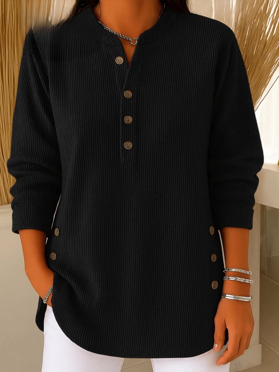 Dames Geribbelde Longline Henley Tunic met Zijknopen - Black