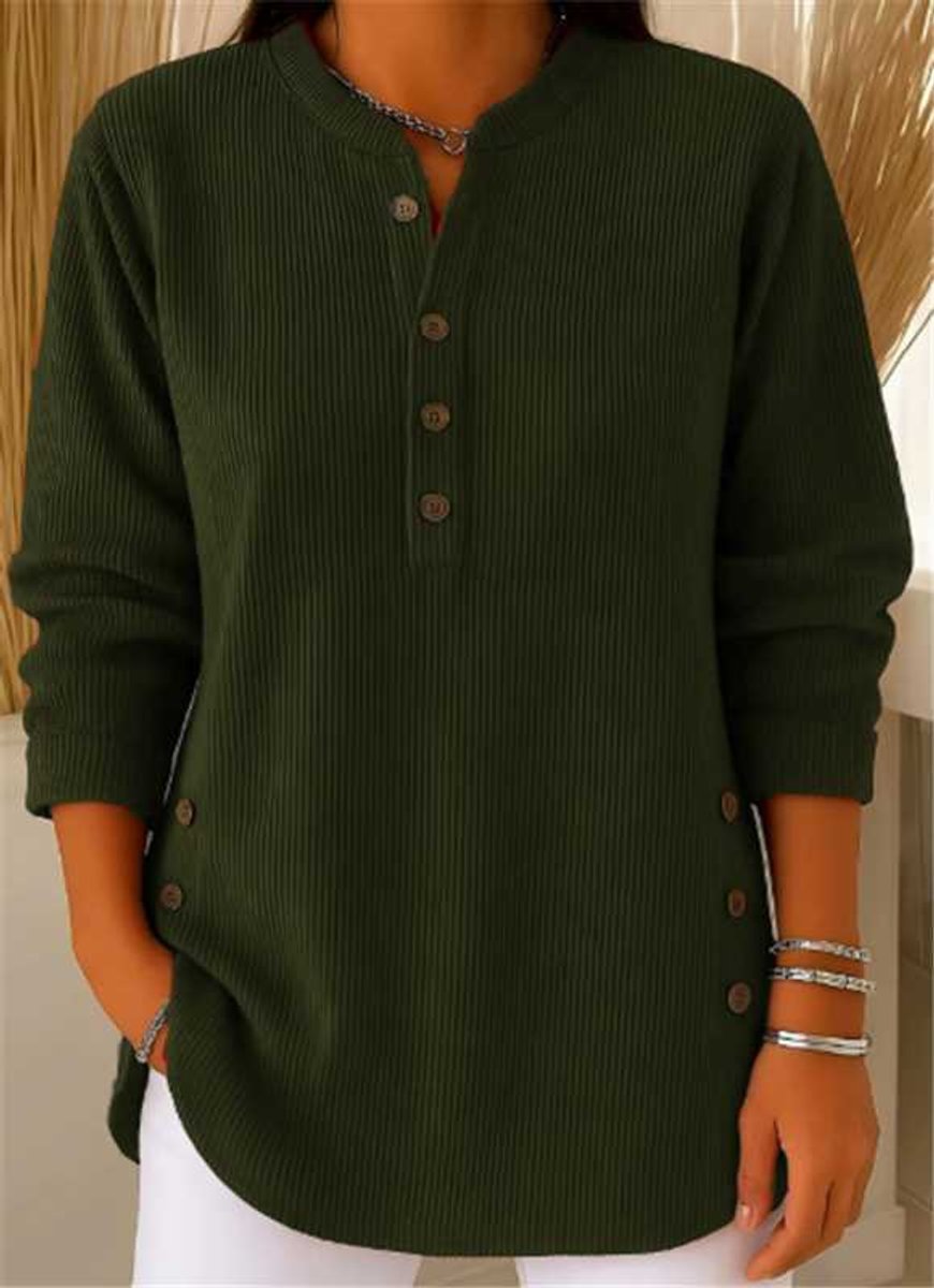 Dames Geribbelde Longline Henley Tunic met Zijknopen - Dark Green