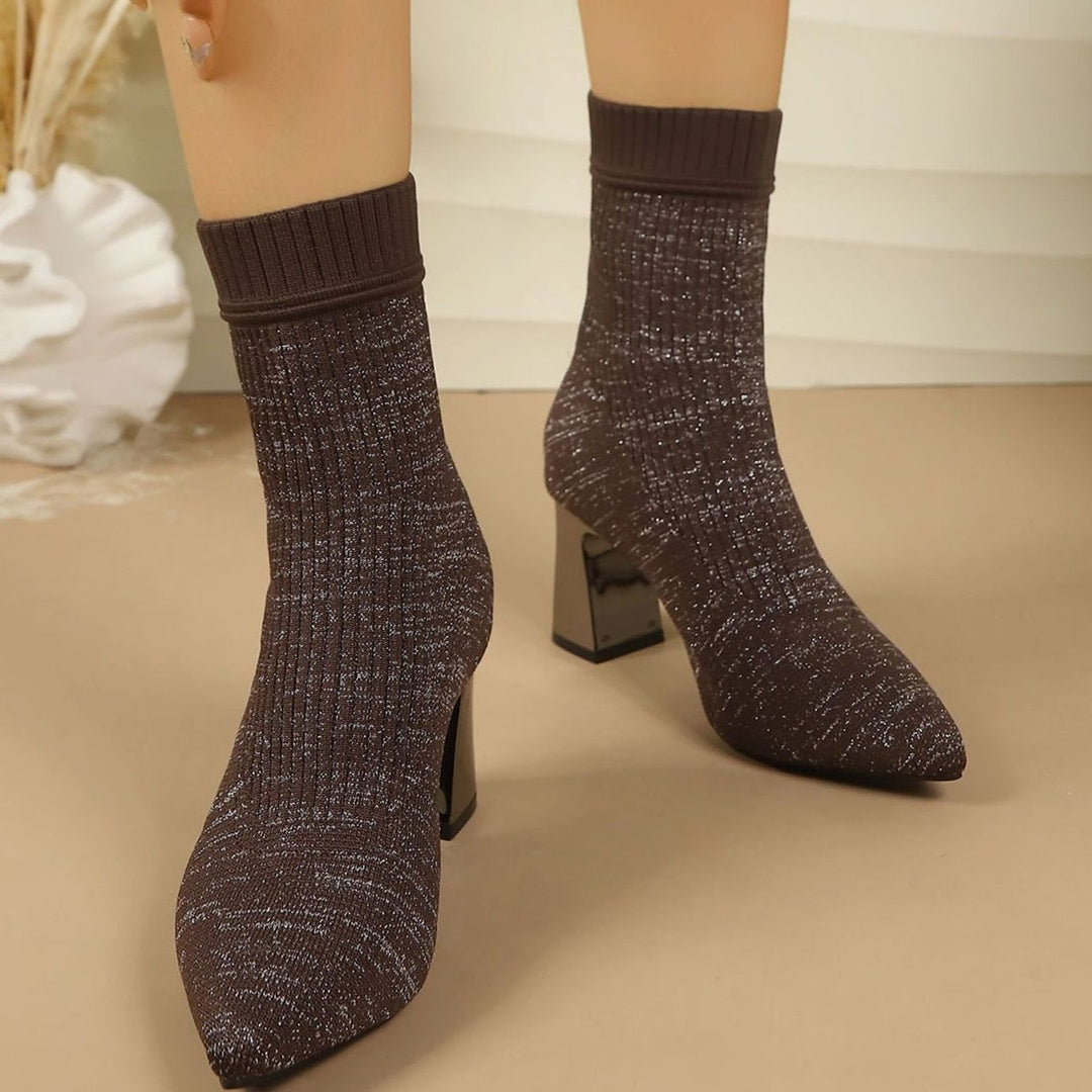 Dames Geribbelde Sok Ankle Boots met Blokhak - Donkerbruin