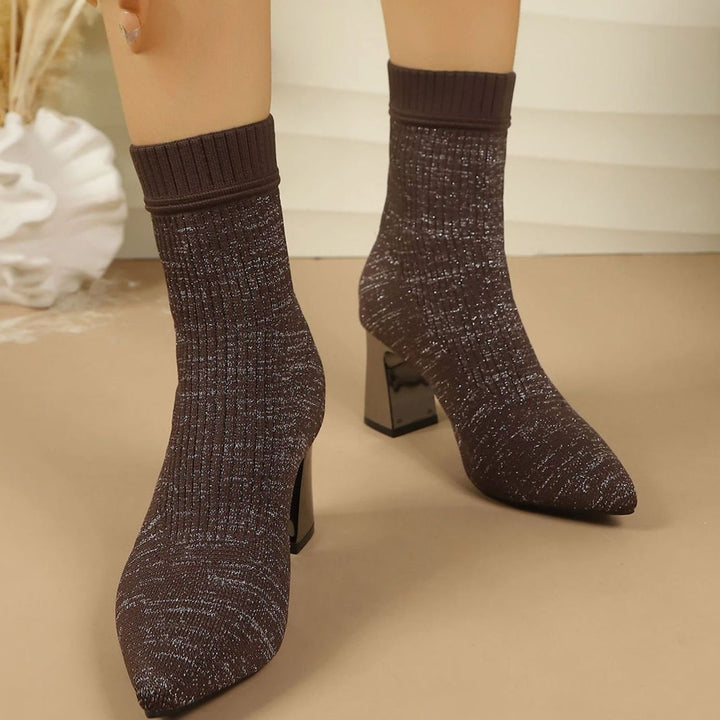 Dames Geribbelde Sok Ankle Boots met Blokhak - Donkerbruin