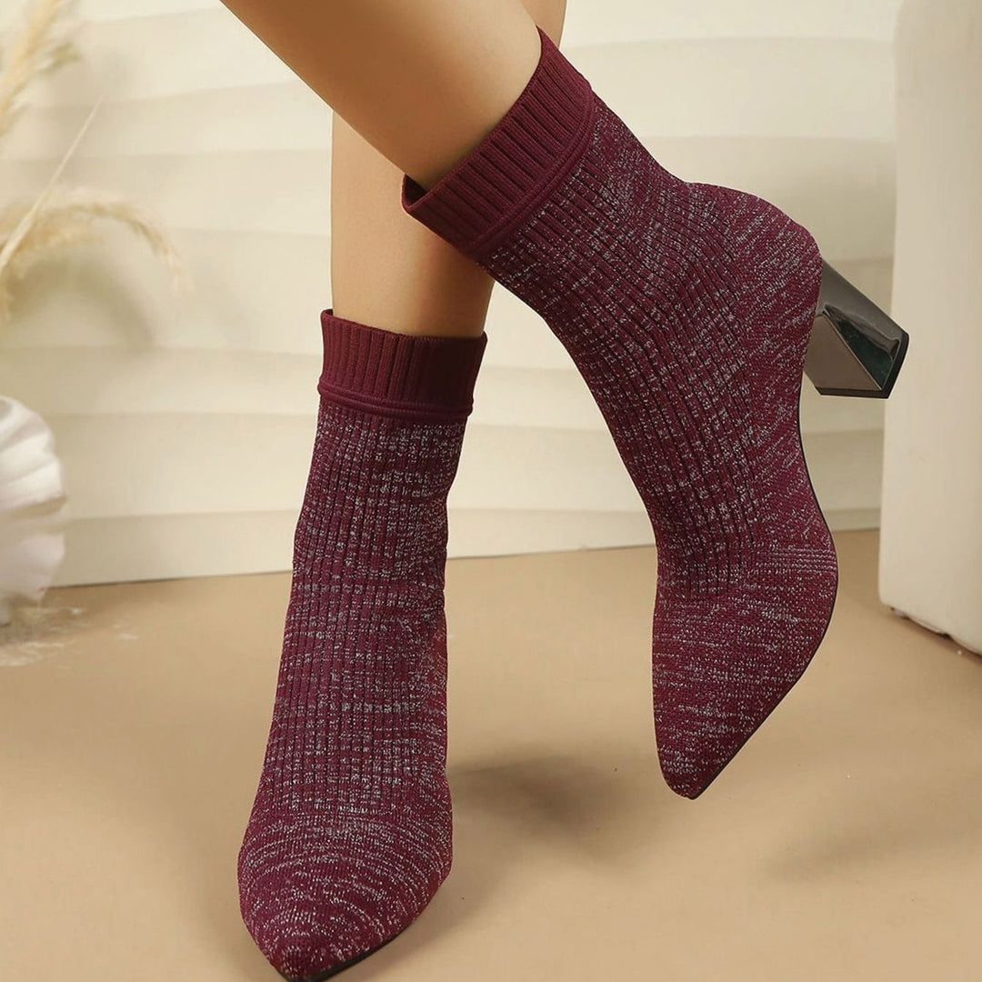 Dames Geribbelde Sok Ankle Boots met Blokhak - Bordeaux