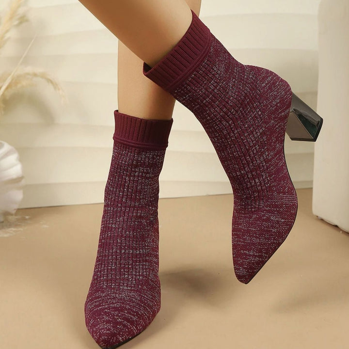 Dames Geribbelde Sok Ankle Boots met Blokhak - Bordeaux