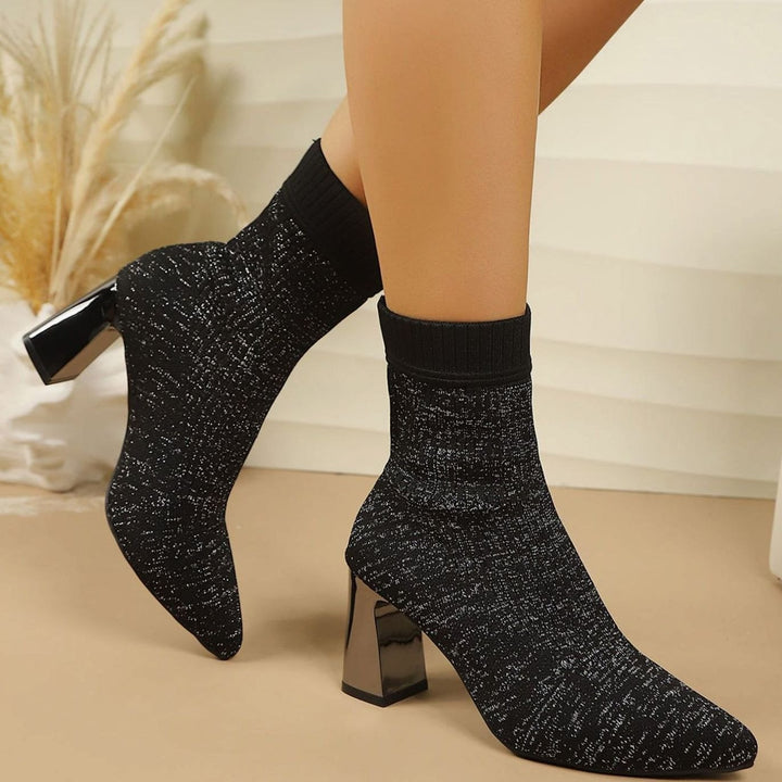 Dames Geribbelde Sok Ankle Boots met Blokhak - Zwart
