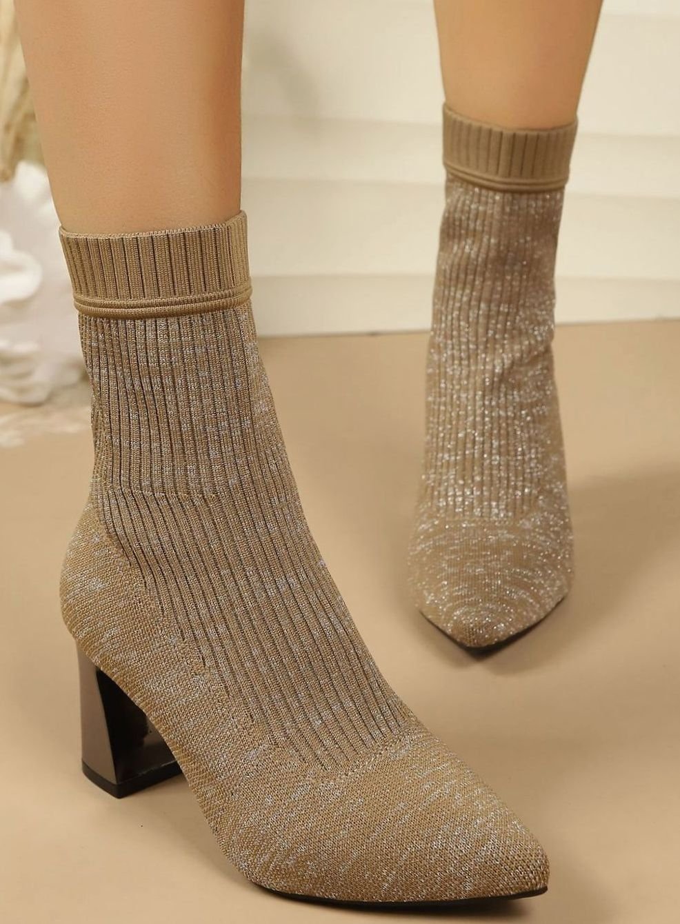 Dames Geribbelde Sok Ankle Boots met Blokhak - Khaki