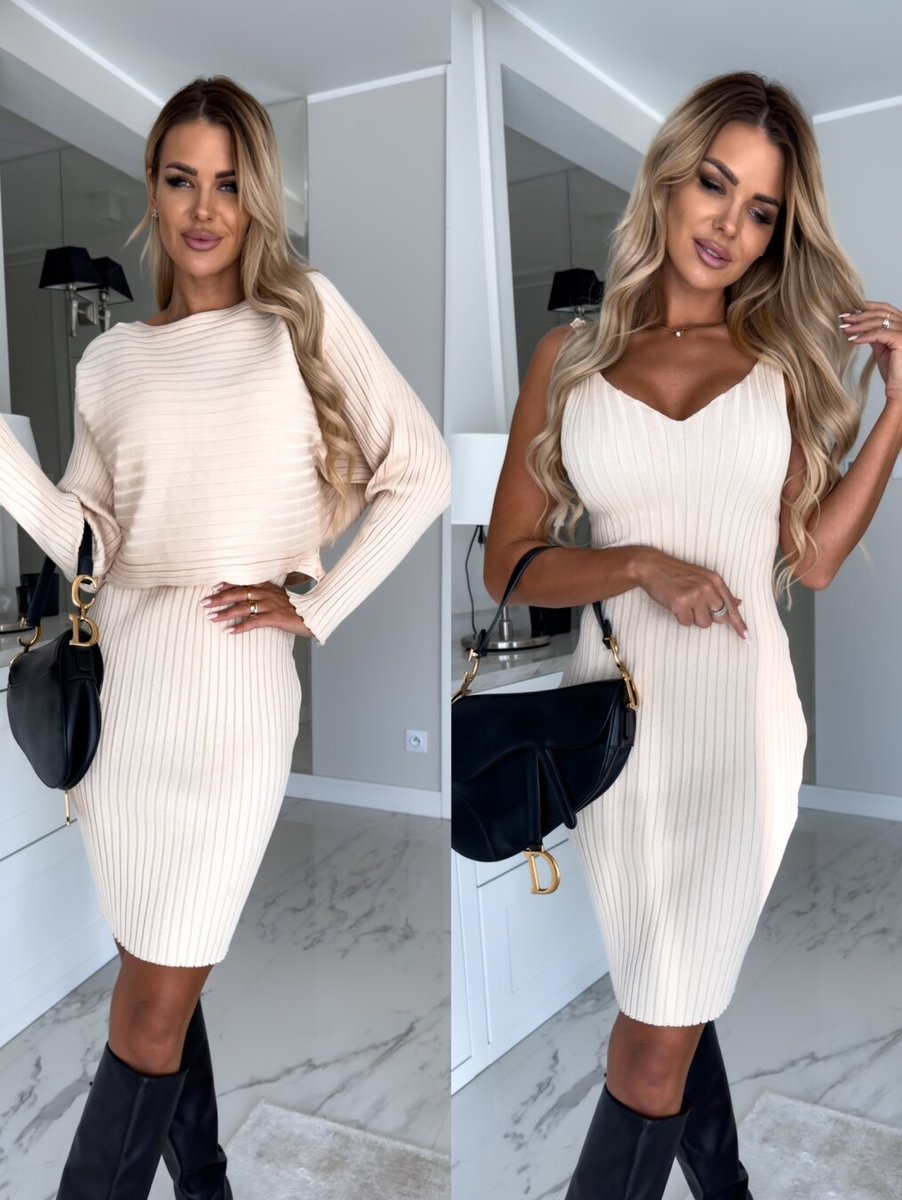 Dames Geribde Trui met Mouwloze Jurk Set - Wit