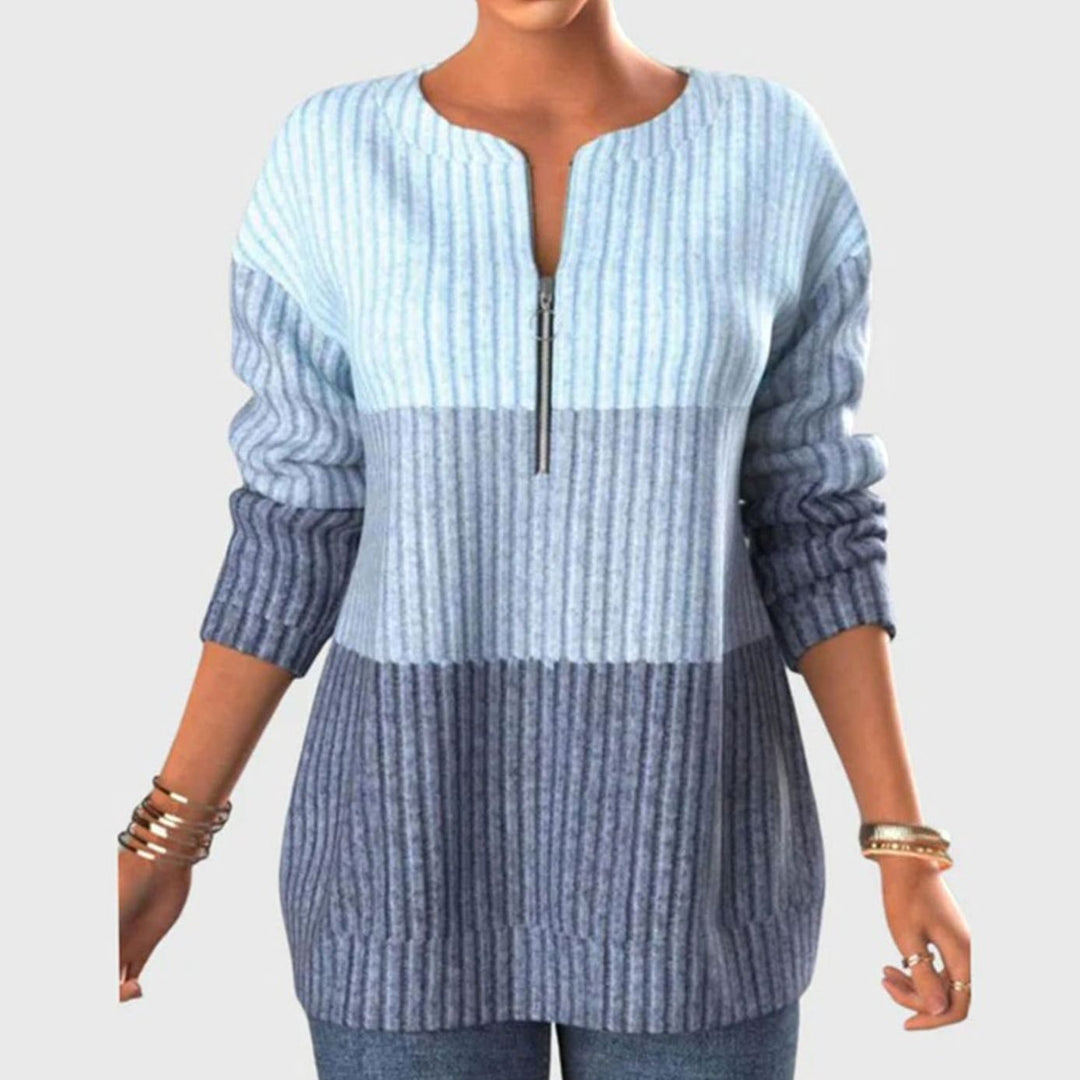 Dames Geribde Trui met Rits Colorblock Sweater Lange Mouwen - Blauw