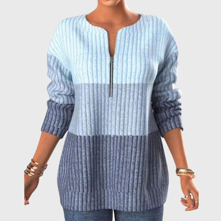 Dames Geribde Trui met Rits Colorblock Sweater Lange Mouwen - Blauw