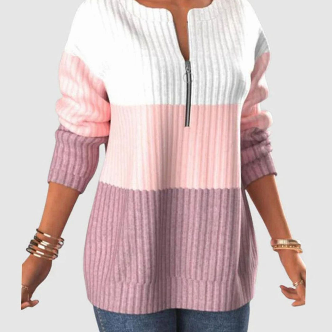 Dames Geribde Trui met Rits Colorblock Sweater Lange Mouwen - Roze