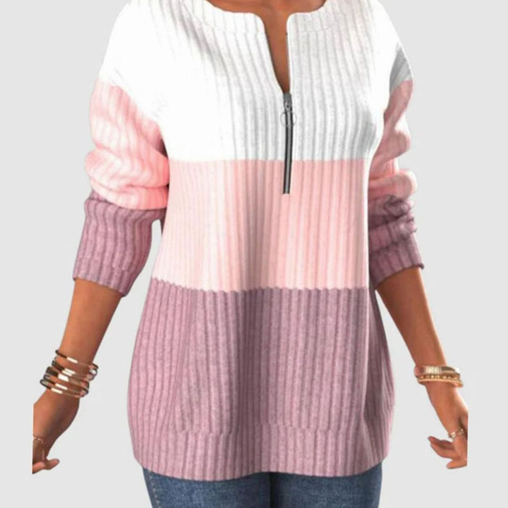 Dames Geribde Trui met Rits Colorblock Sweater Lange Mouwen - Roze
