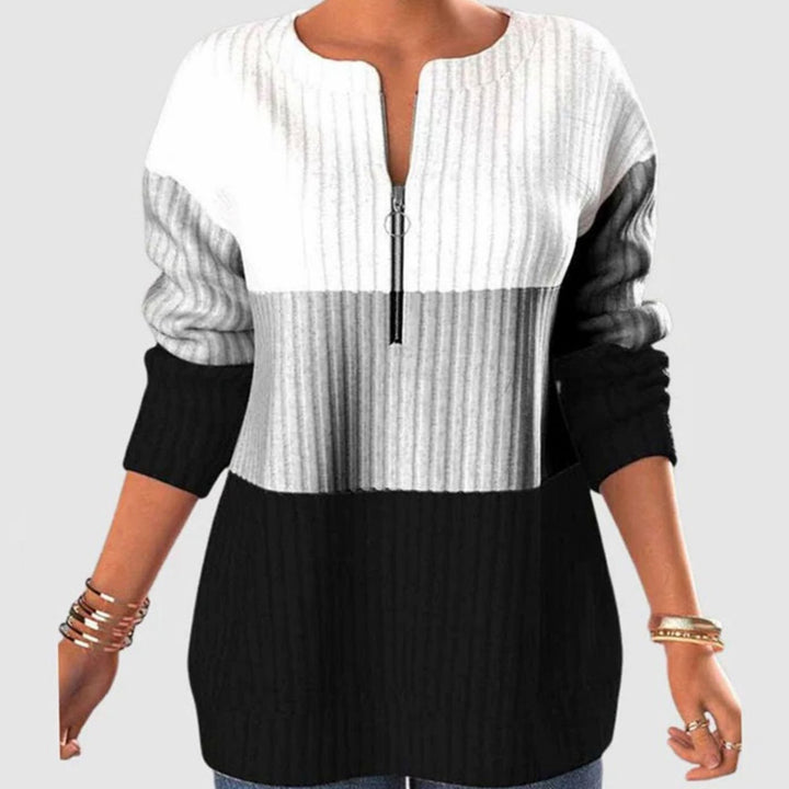 Dames Geribde Trui met Rits Colorblock Sweater Lange Mouwen - Zwart