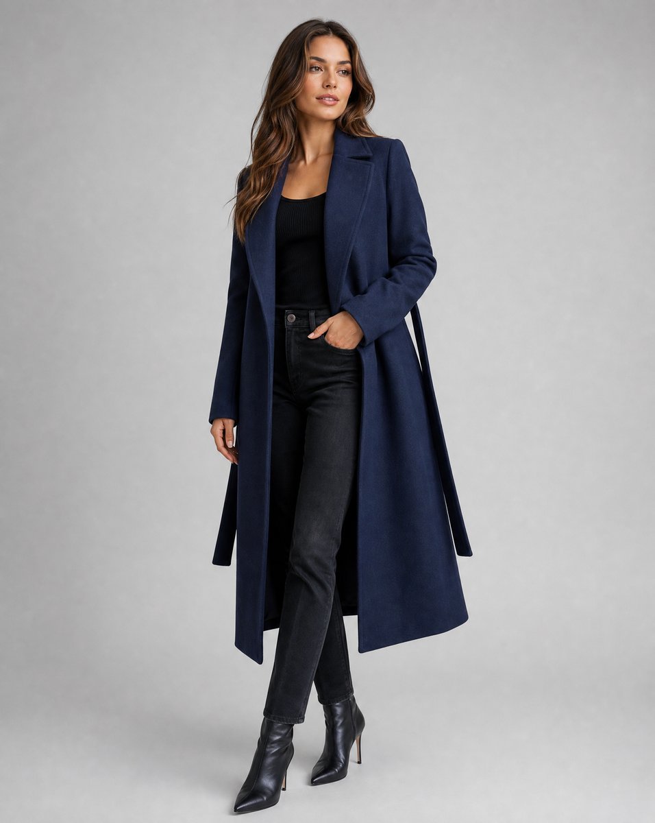 Dames Geriem de Wollen Trench Coat Lang Oversized Winterjas - Navy