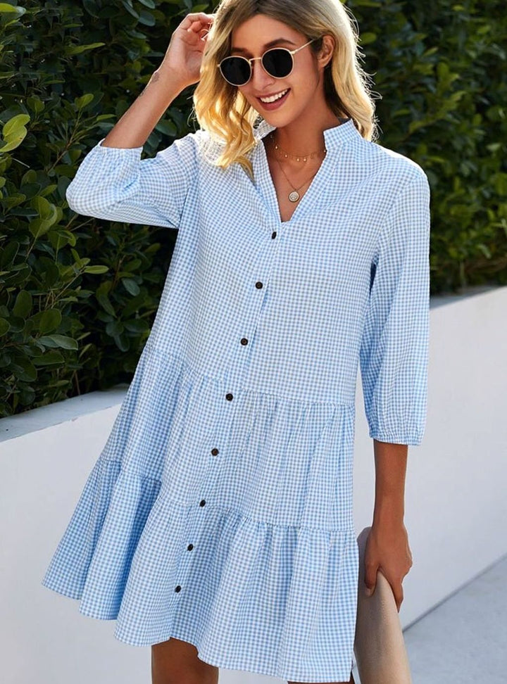Dames Geruite A-lijn Feestjurk Midi Volantrok 3/4 Mouw - Blauw