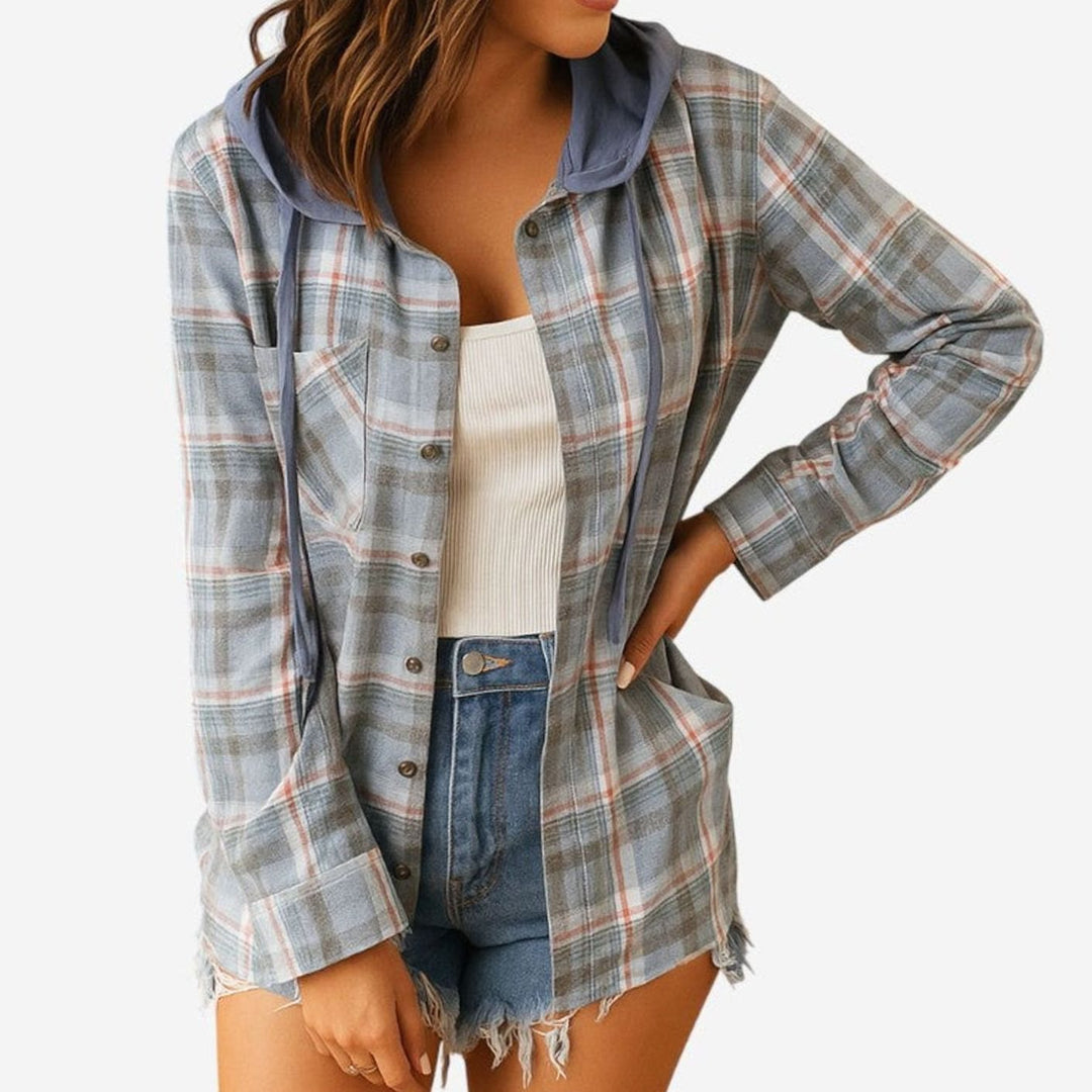Dames Geruite Flanellen Hoodie Blouse met Knoopsluiting - Blauw