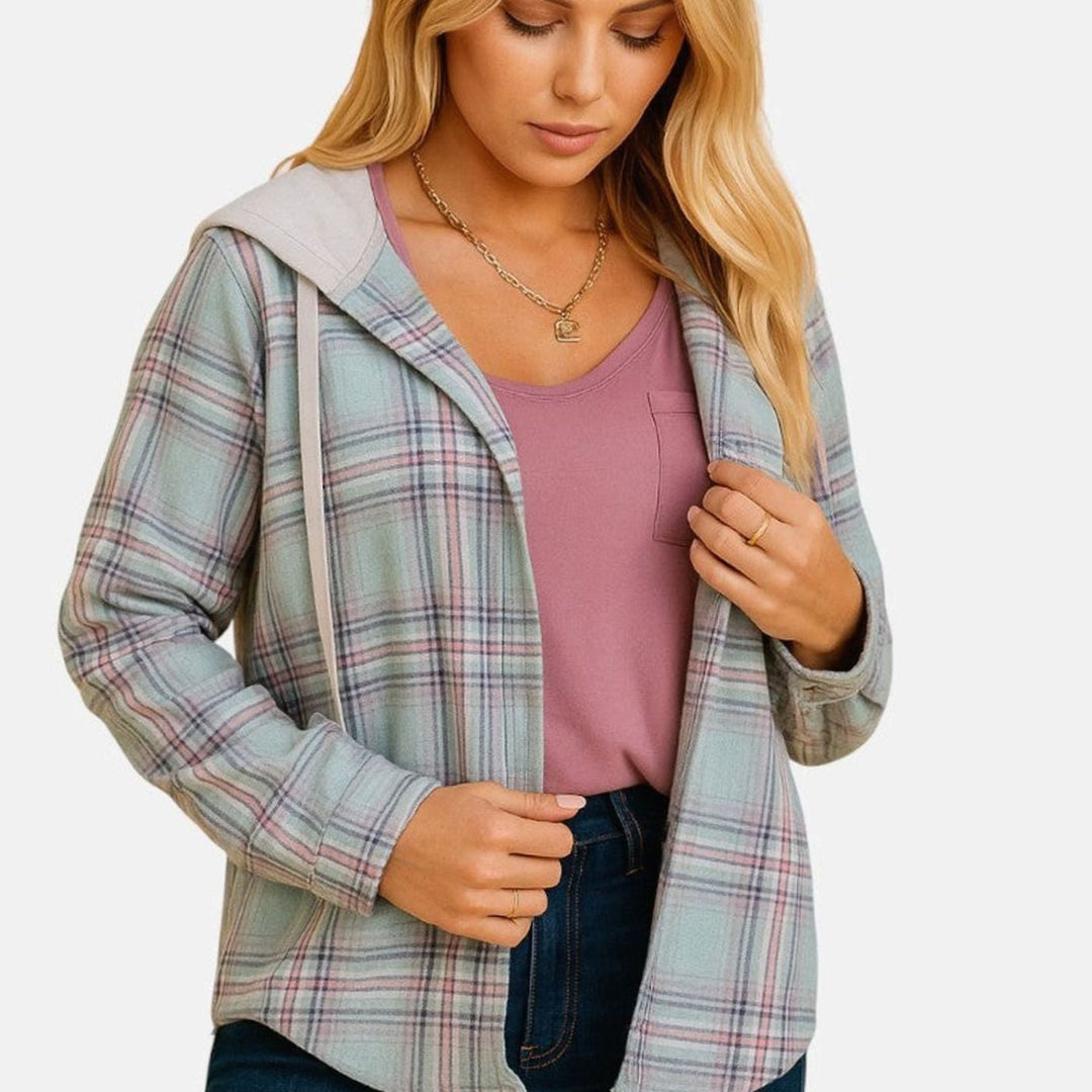 Dames Geruite Flanellen Hoodie Blouse met Knoopsluiting - Groen
