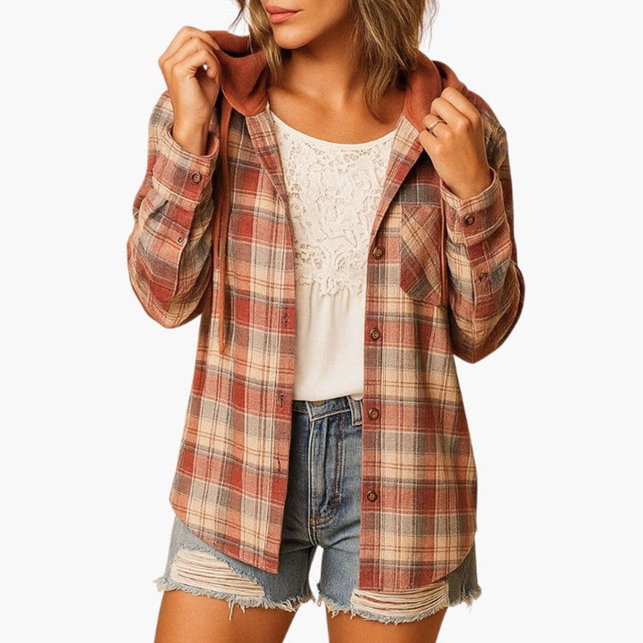 Dames Geruite Flanellen Hoodie Blouse met Knoopsluiting - Rood