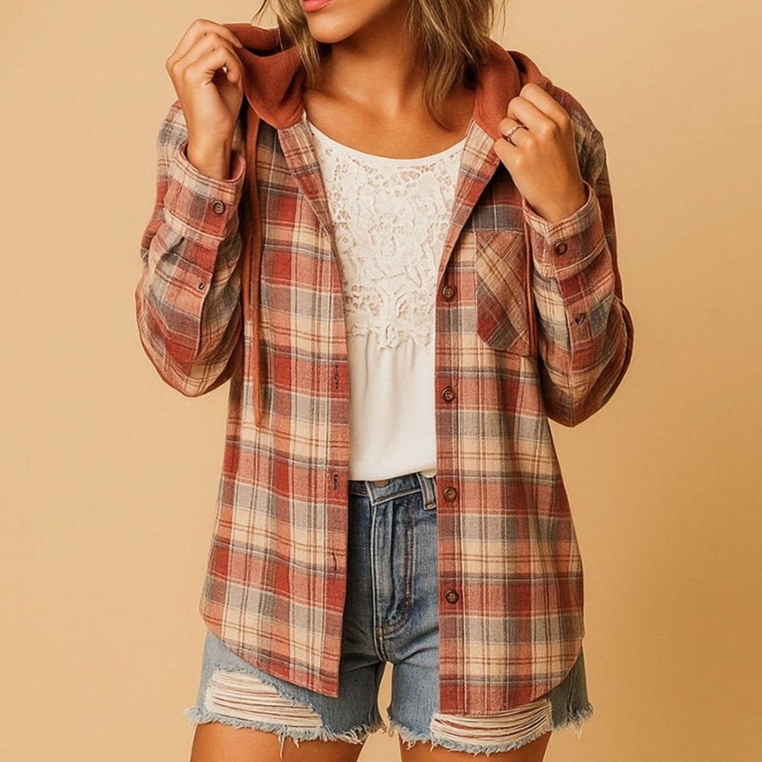 Dames Geruite Flanellen Hoodie Blouse met Knoopsluiting