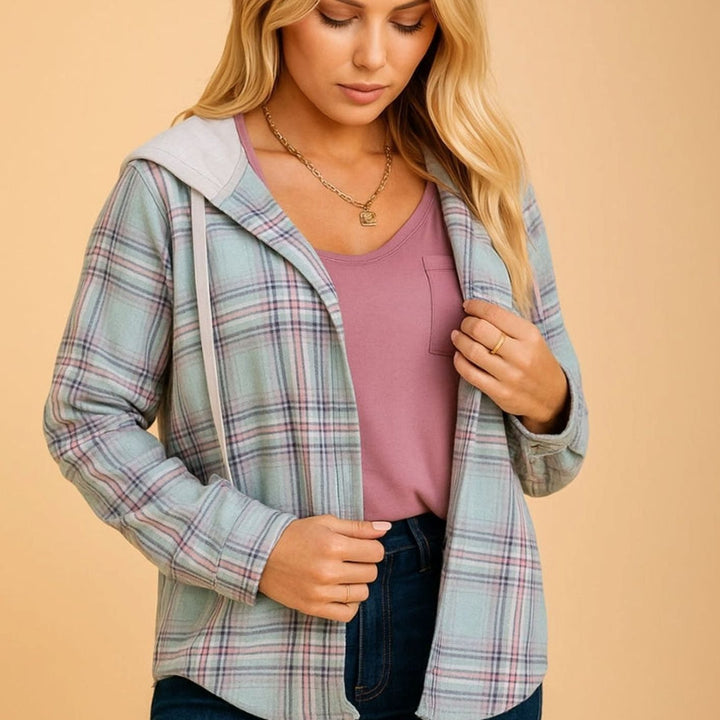 Dames Geruite Flanellen Hoodie Blouse met Knoopsluiting