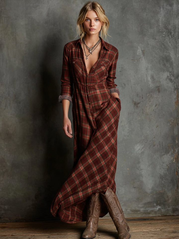 Dames Geruite Flanellen Maxi Jurk Formele Jurken met Knoopsluiting - Rood