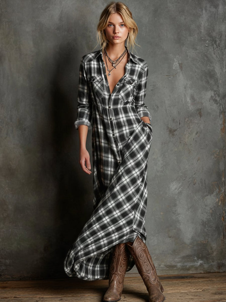 Dames Geruite Flanellen Maxi Jurk Formele Jurken met Knoopsluiting - Zwart