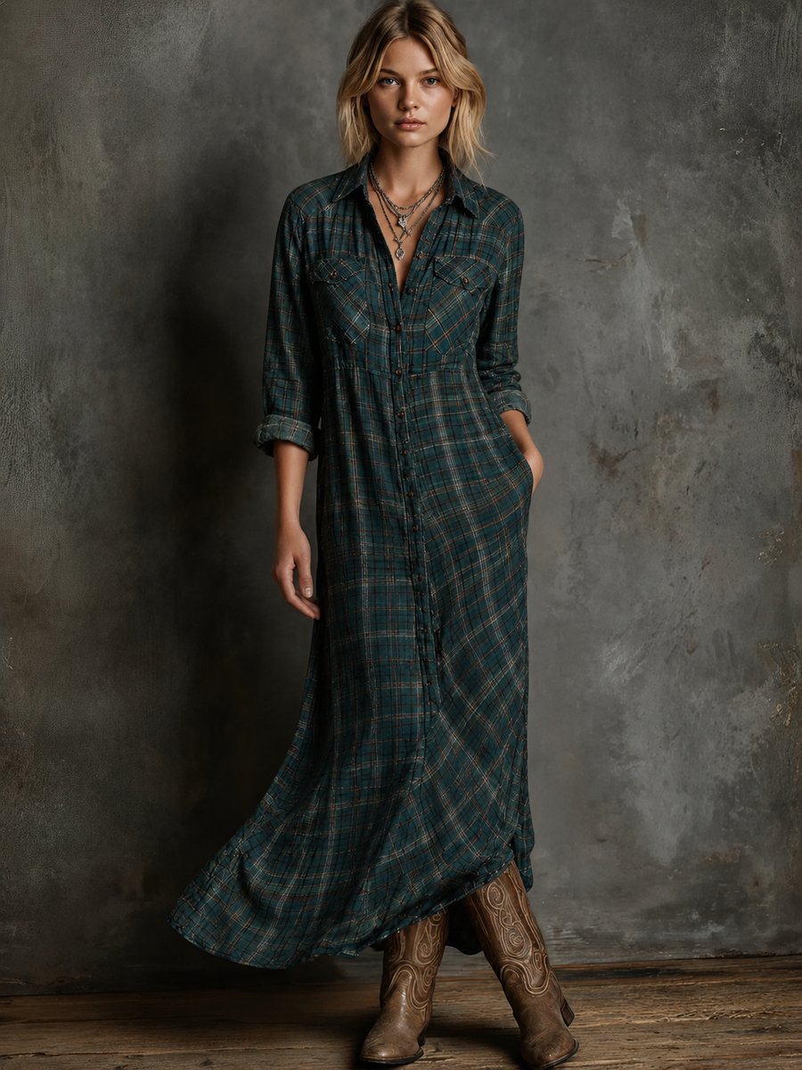 Dames Geruite Flanellen Maxi Jurk Formele Jurken met Knoopsluiting - Groen