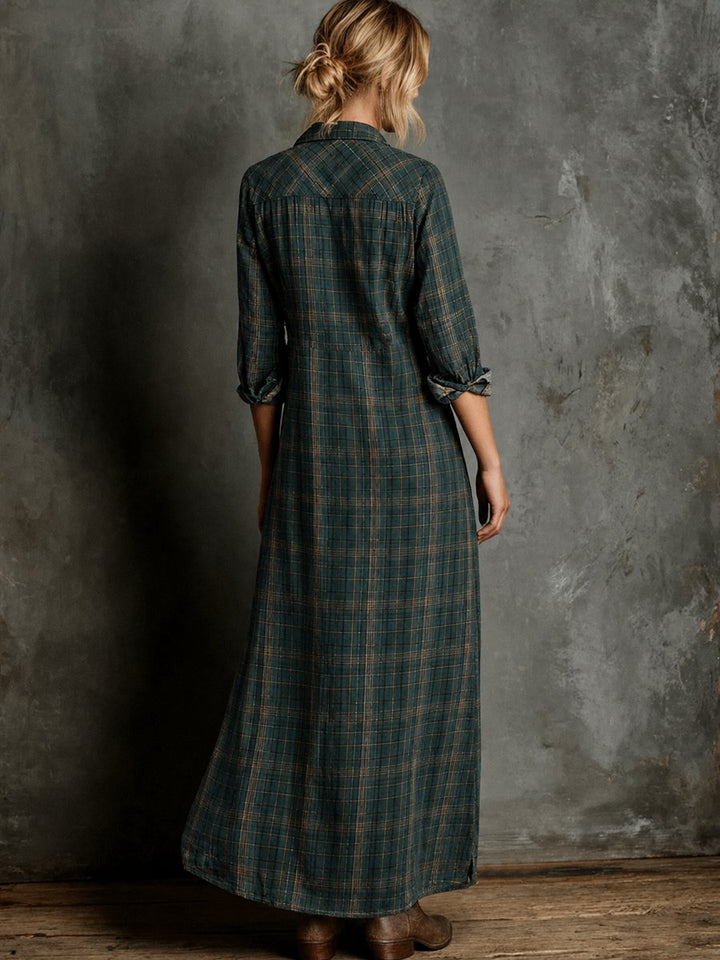 Dames Geruite Flanellen Maxi Jurk Formele Jurken met Knoopsluiting