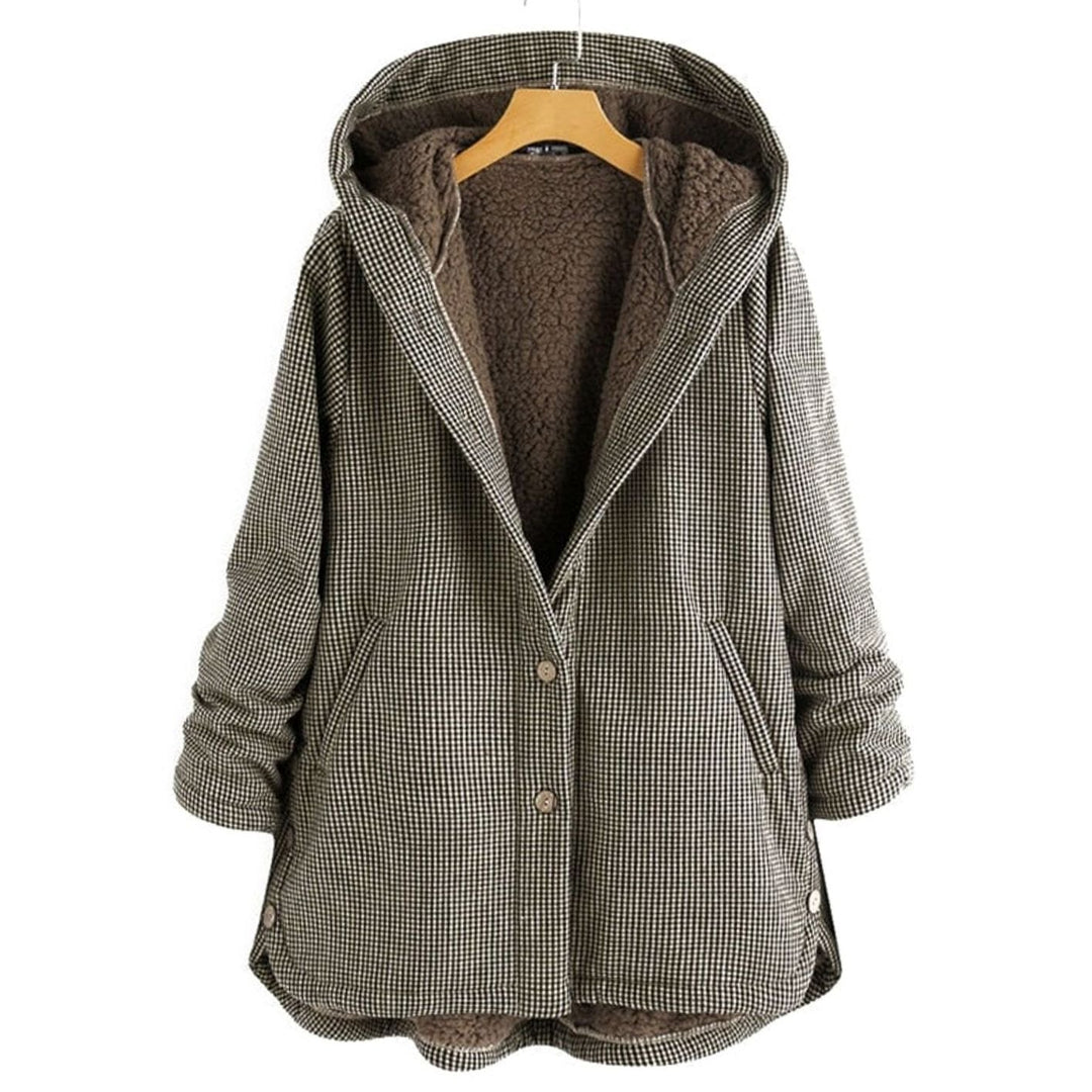 Dames Geruite Fleece Gevoerde Hooded Winterjas - Bruin