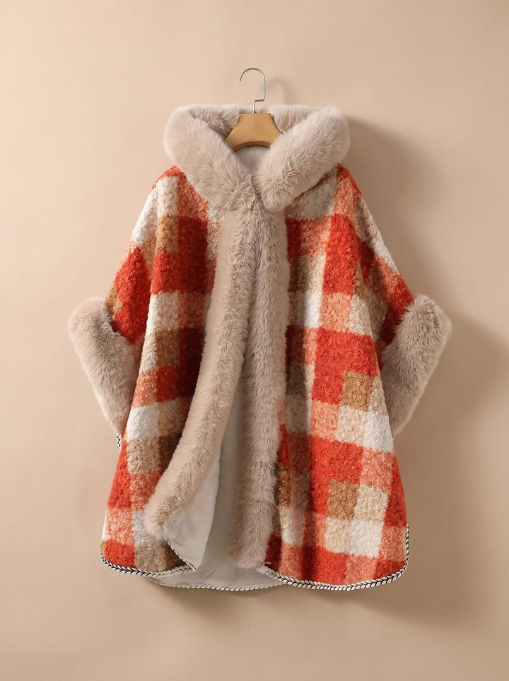 Dames Geruite Hooded Cape Jas met Imitatiebont Kraag - Oranje