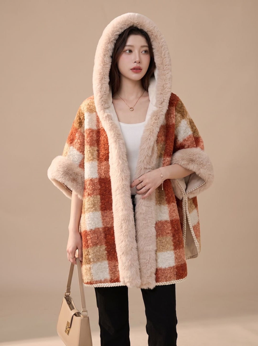 Dames Geruite Hooded Cape Jas met Imitatiebont Kraag