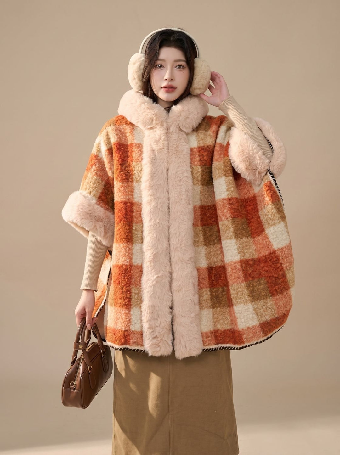 Dames Geruite Hooded Cape Jas met Imitatiebont Kraag