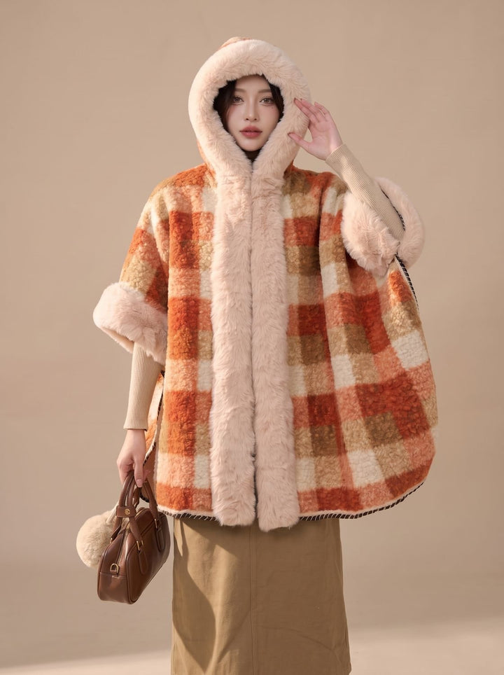Dames Geruite Hooded Cape Jas met Imitatiebont Kraag