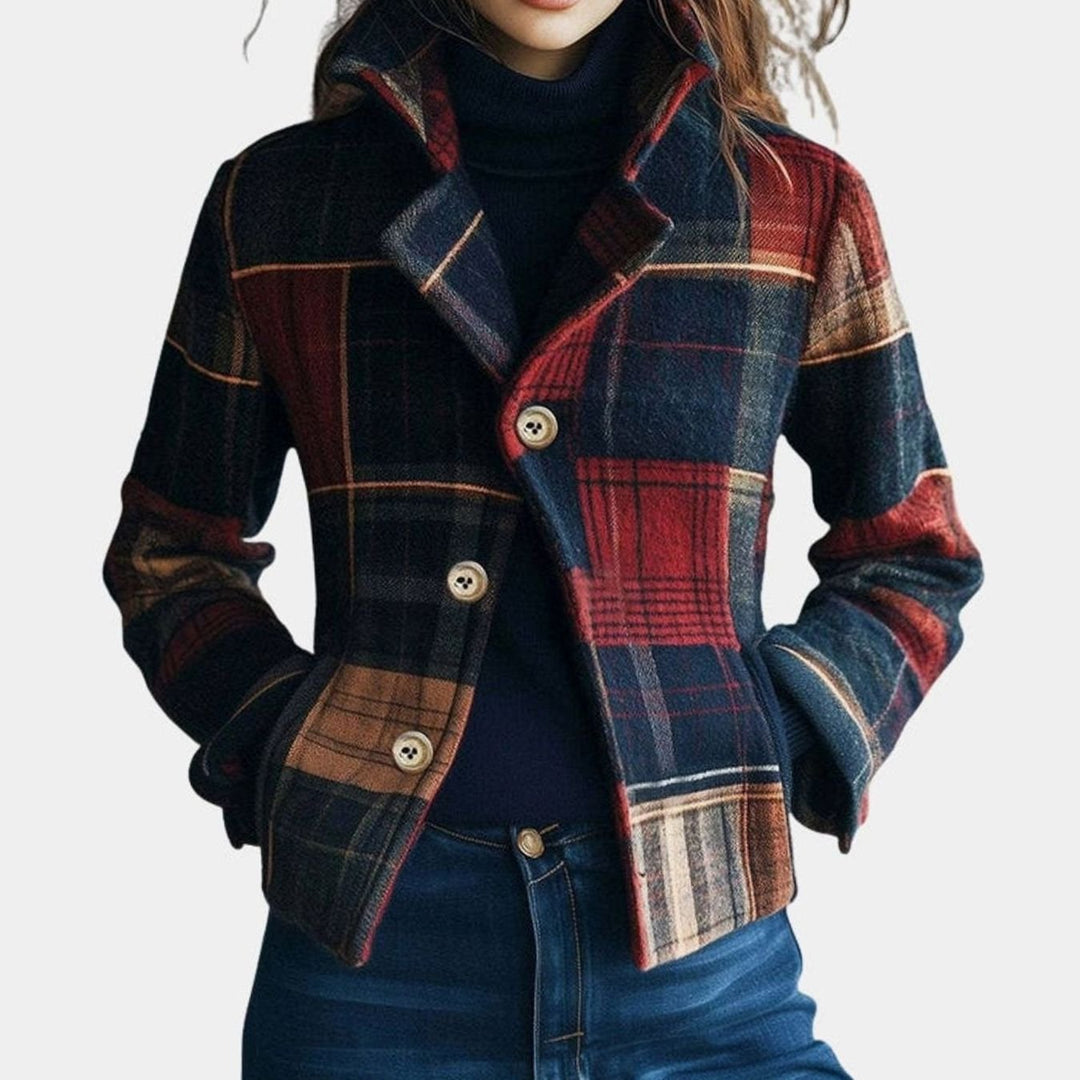 Dames Geruite Korte Jas met Knoopsluiting en Lange Mouwen - Blauw