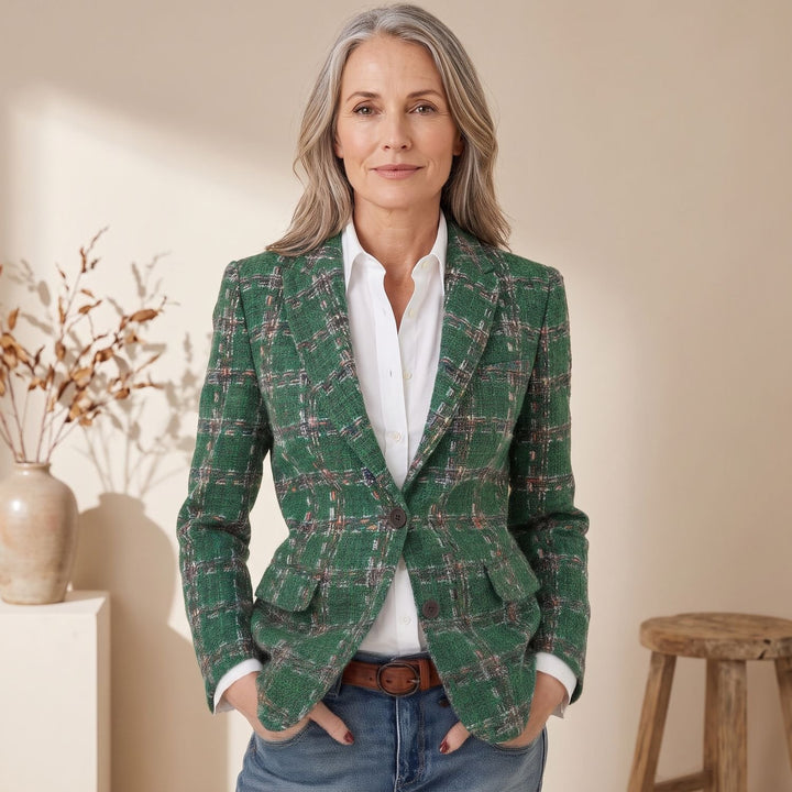 Dames Geruite Tweed Blazer met Gestructureerde Schouders - Groen