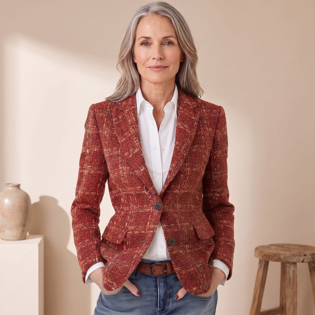 Dames Geruite Tweed Blazer met Gestructureerde Schouders - Rood