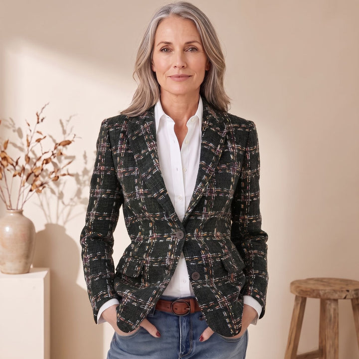 Dames Geruite Tweed Blazer met Gestructureerde Schouders - Zwart