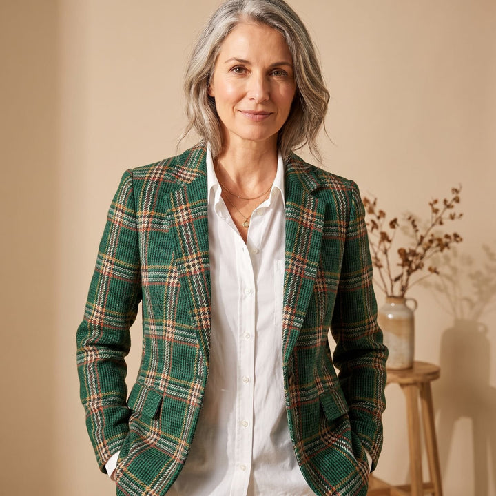 Dames Geruite Tweed Blazer met Gestructureerde Schouders