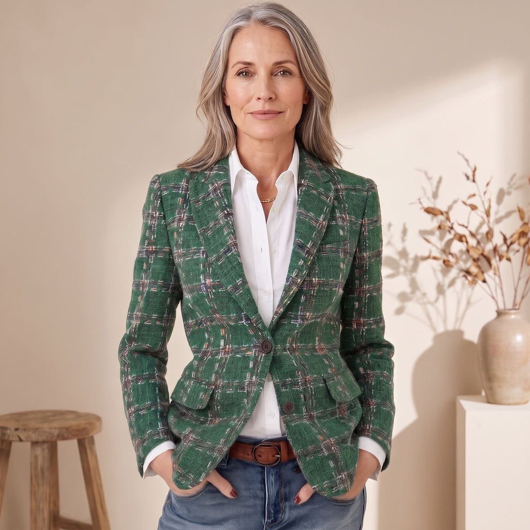 Dames Geruite Tweed Blazer met Gestructureerde Schouders