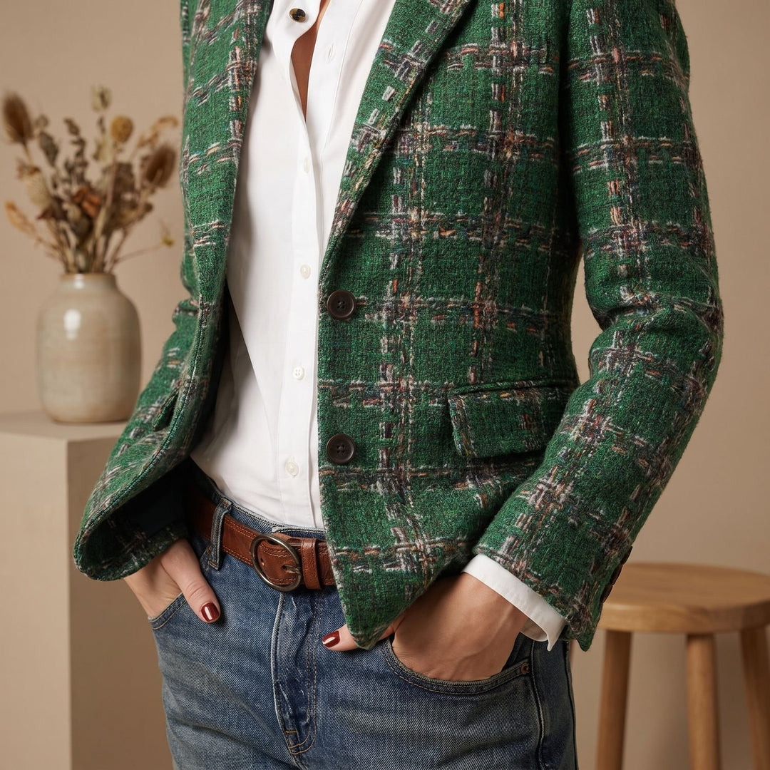 Dames Geruite Tweed Blazer met Gestructureerde Schouders