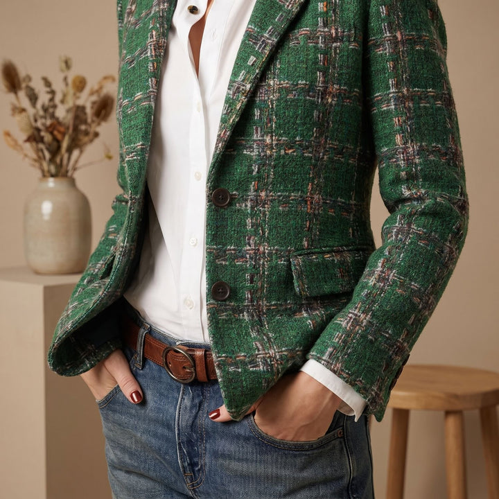 Dames Geruite Tweed Blazer met Gestructureerde Schouders