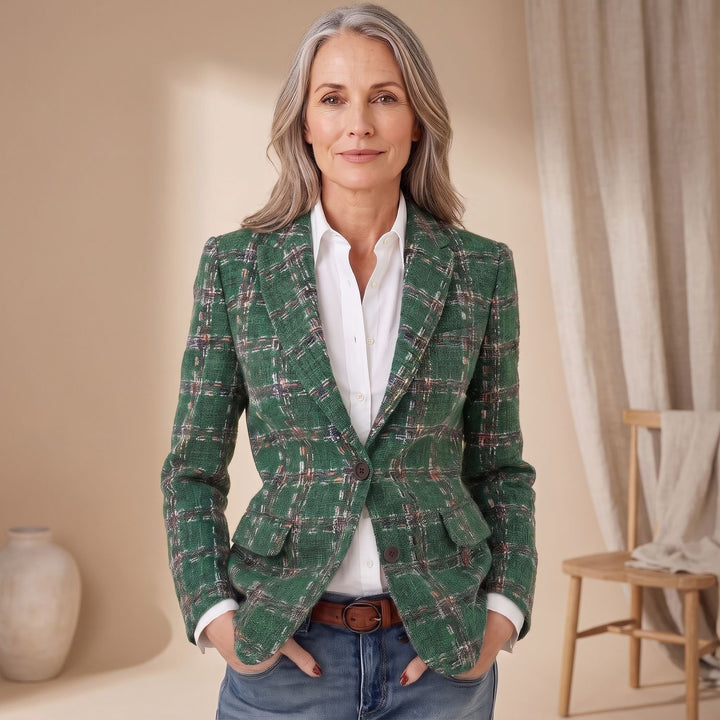 Dames Geruite Tweed Blazer met Gestructureerde Schouders