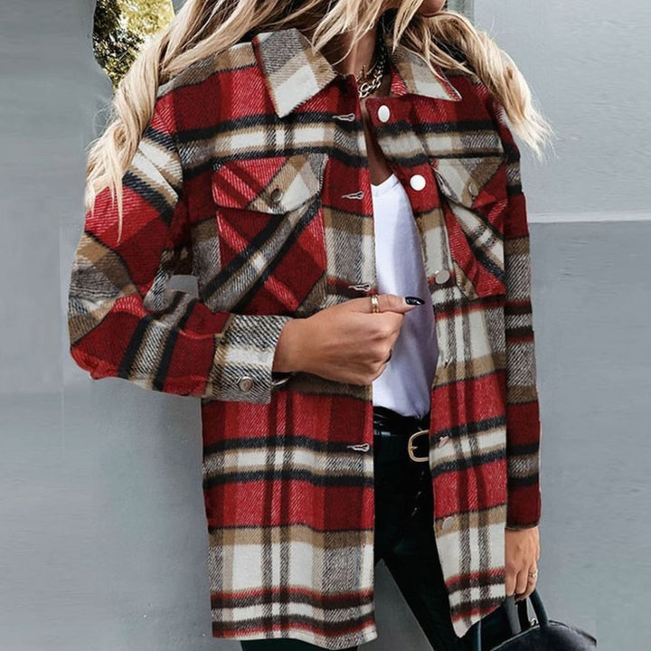 Dames Geruite Winterjas met Knoopsluiting en Borstzakken - Rood