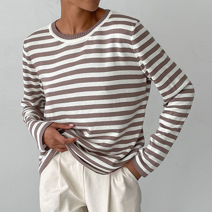 Dames Gestreept Katoenen Shirt Lange Mouwen - Brown