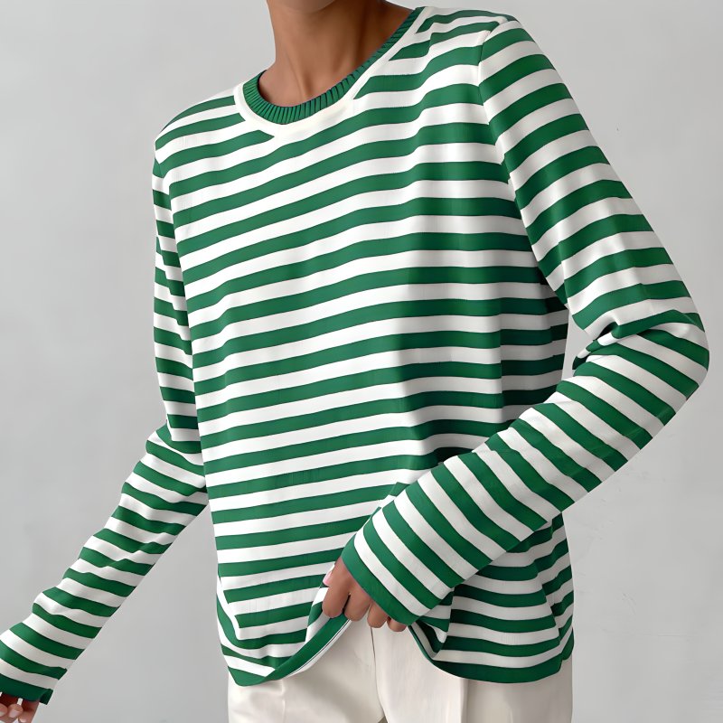 Dames Gestreept Katoenen Shirt Lange Mouwen - Green